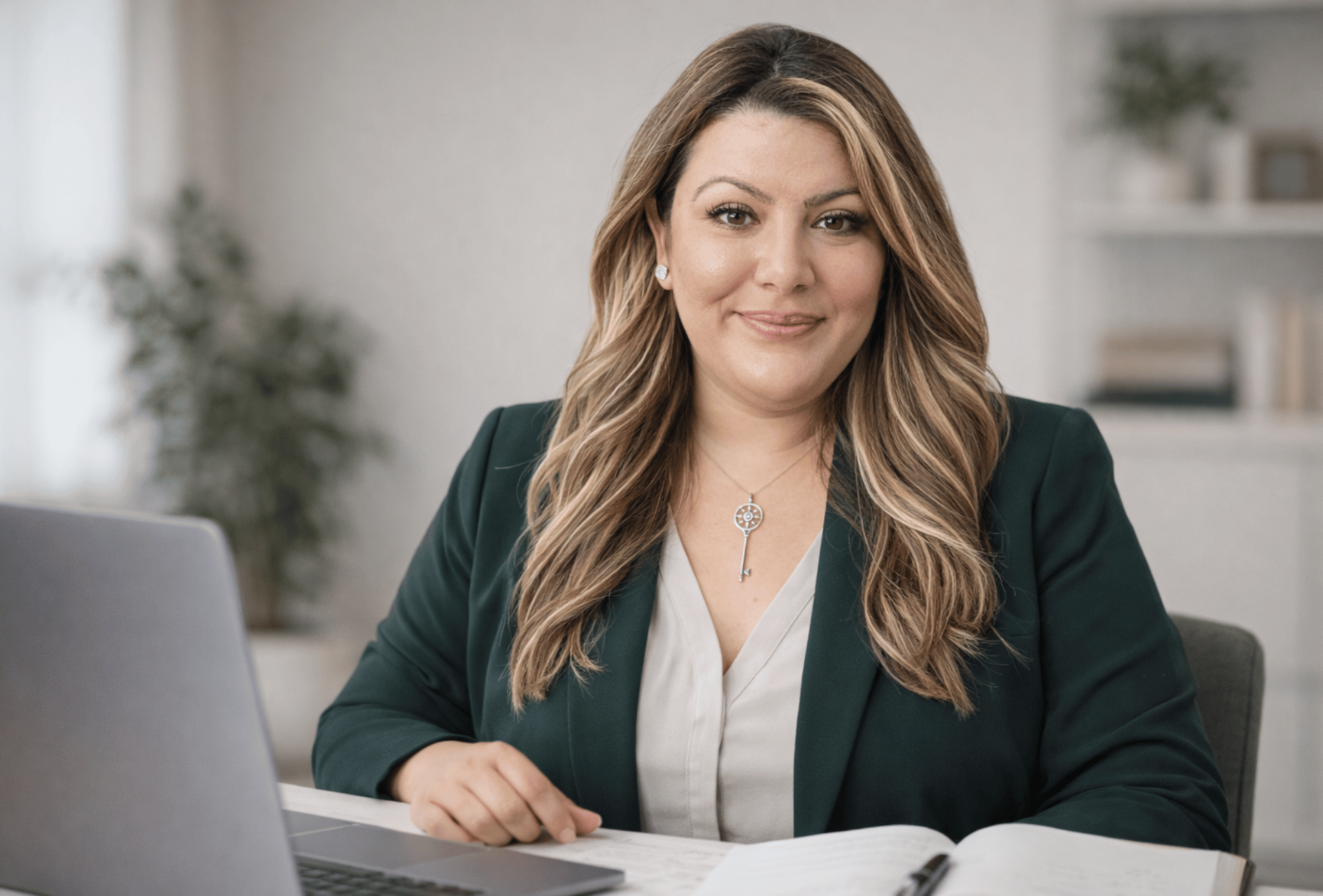 Woman sitting at a desk with a laptop, wearing a green blazer and white shirt.